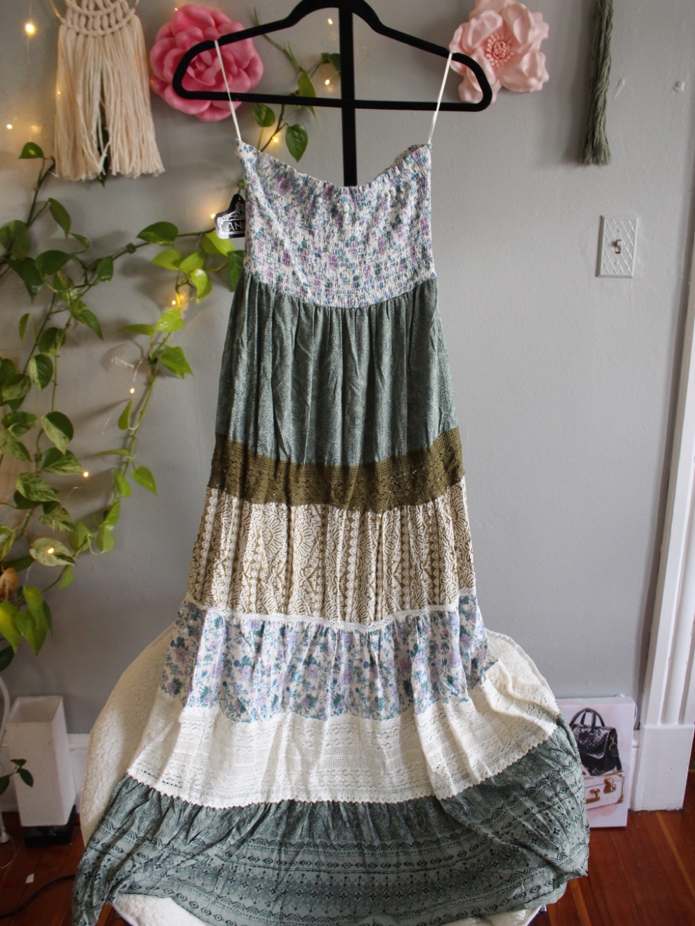 NWT Angie Boho Patchwork Tiered Maxi Dress Size S Floral Cottagecore - Picture 13 of 13